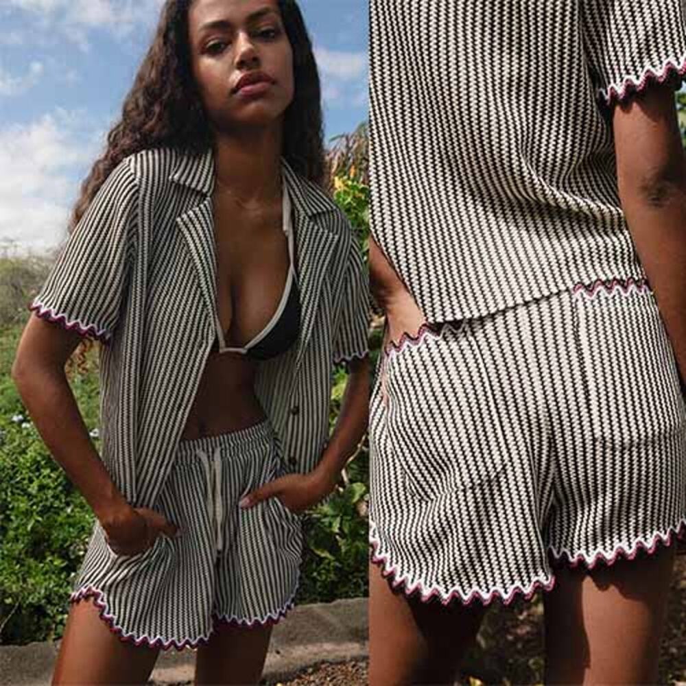 NEW Saylor Verna Crochet Knit Stripe Shorts Rickrack Trim Set Black Size: Large